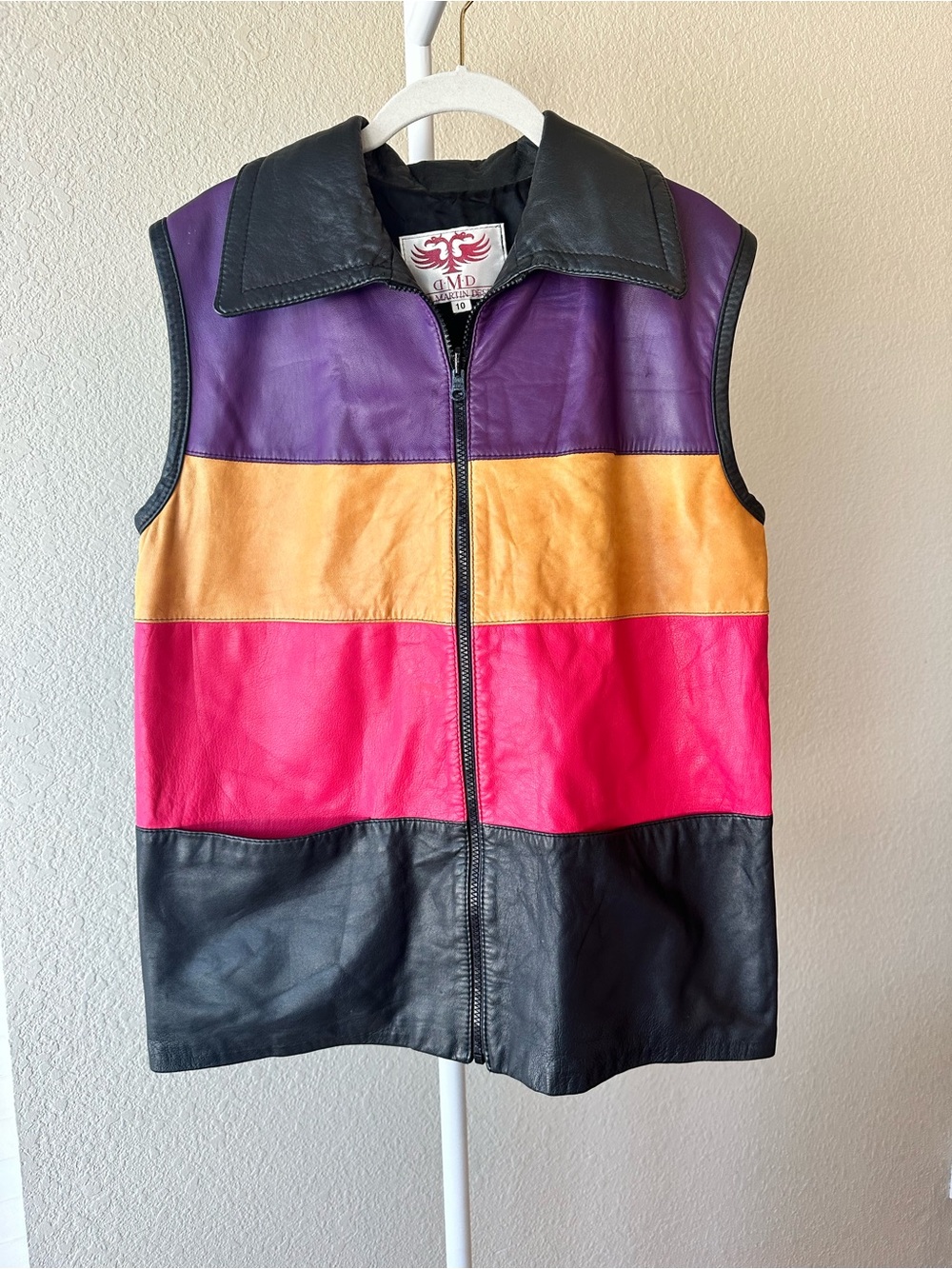 Dita Martin Design 80’s 90’s retro vintage color block 100% leather zip up vest